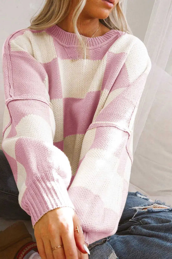 Checkered bishop sleeve sweater - snug & chic | fashionfitz