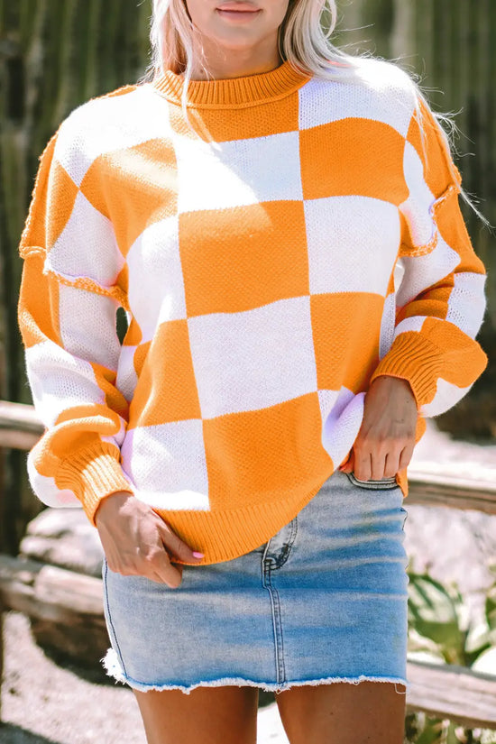 Checkered bishop sleeve sweater - snug & chic | fashionfitz