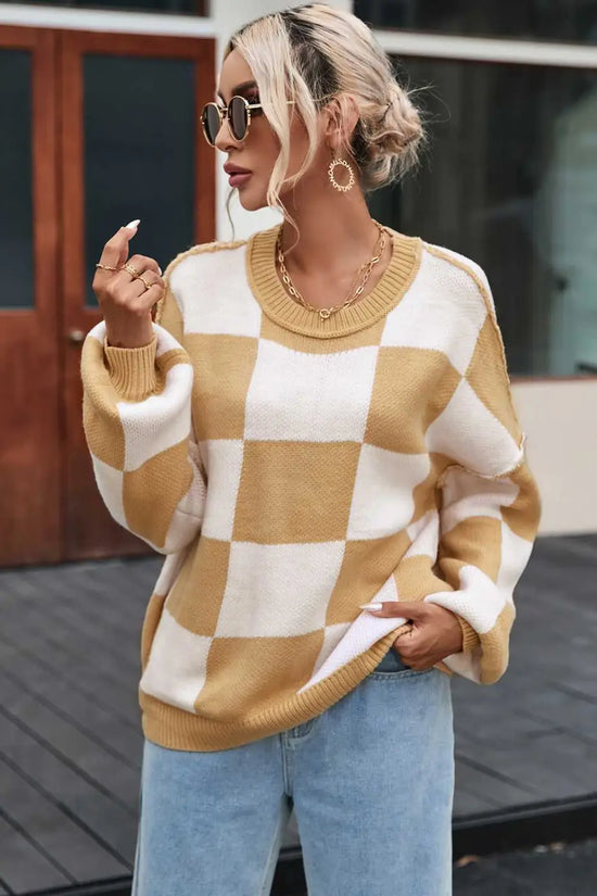 Checkered bishop sleeve sweater - snug & chic | fashionfitz