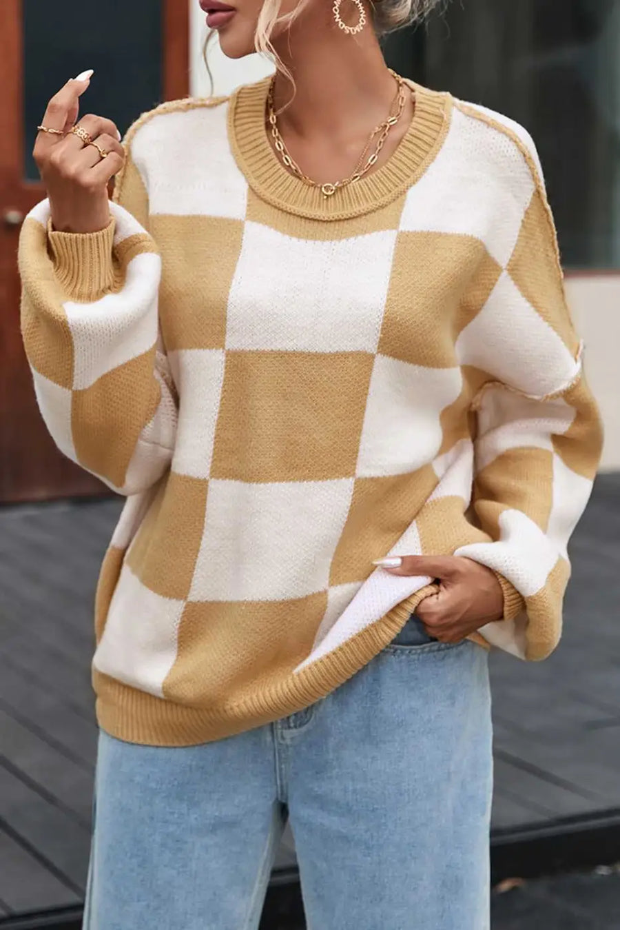 Checkered bishop sleeve sweater - snug & chic | fashionfitz