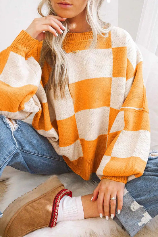 Checkered bishop sleeve sweater - snug & chic | fashionfitz