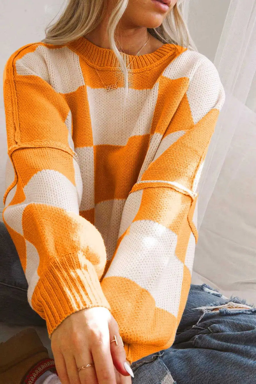 Checkered bishop sleeve sweater - snug & chic | fashionfitz
