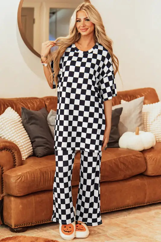 Checkered charm tunic & pant set - trendy comfort wear