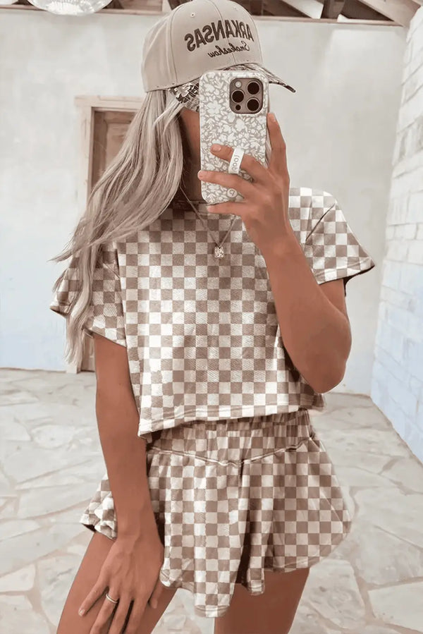 Brown checkered co-ord outfit back view — Fashionfitz UK