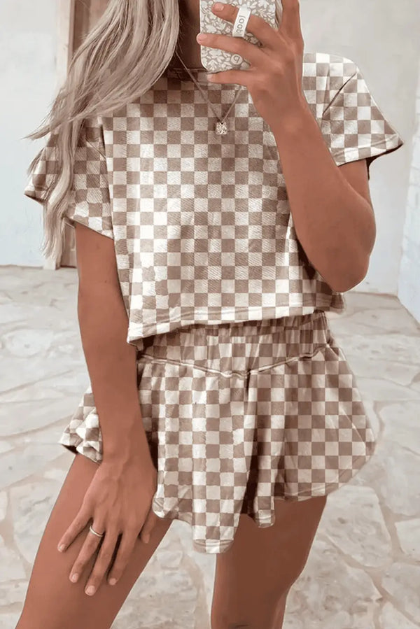 Brown checkered confidence co-ord outfit two-piece set front view — Fashionfitz UK