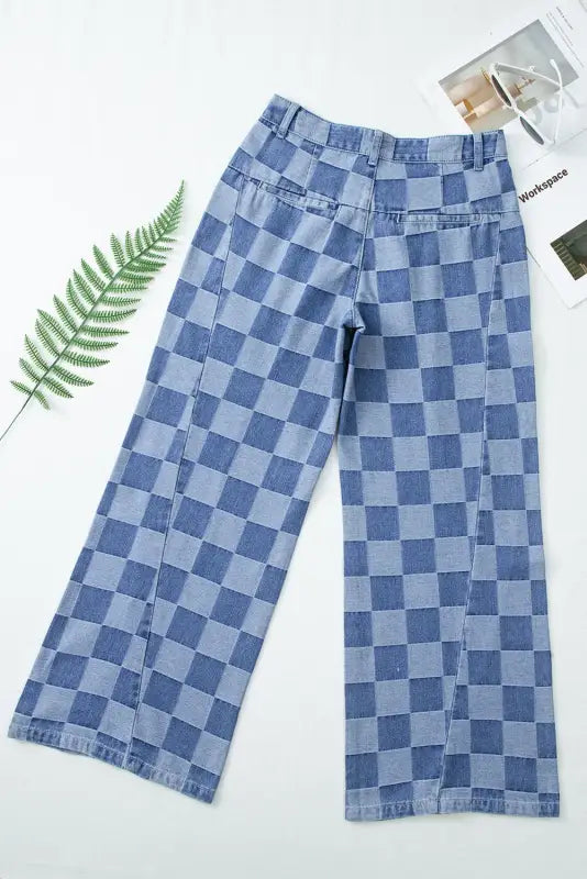 Checkered denim wide leg jeans