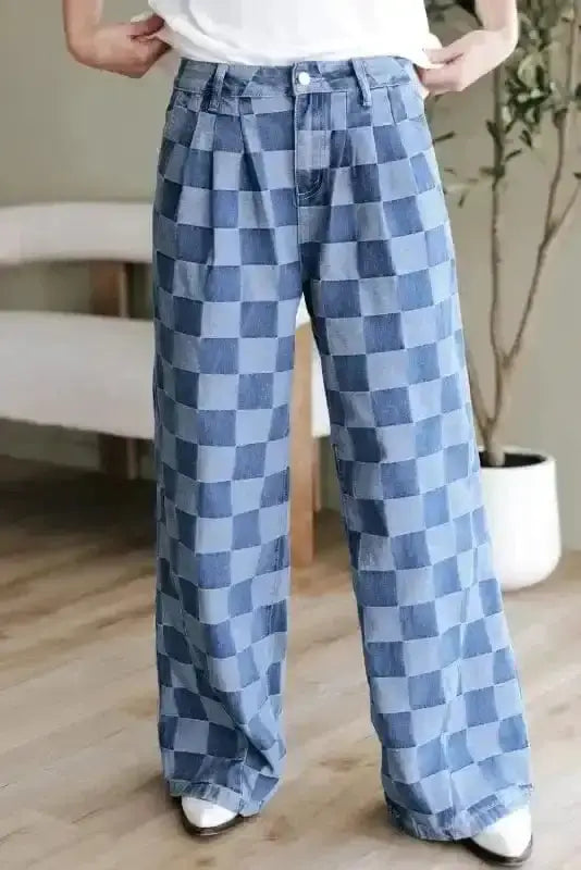 Wide Leg Jeans Checkered Denim Wide-Leg Jeans - Trendy and Comfortable