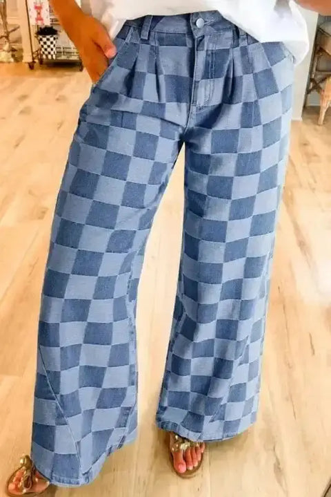 Wide Leg Jeans Checkered Denim Wide-Leg Jeans - Trendy and Comfortable