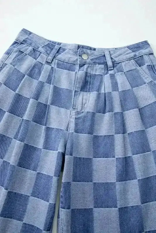 Wide Leg Jeans Checkered Denim Wide-Leg Jeans - Trendy and Comfortable