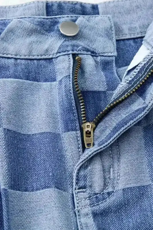 Wide Leg Jeans Checkered Denim Wide-Leg Jeans - Trendy and Comfortable