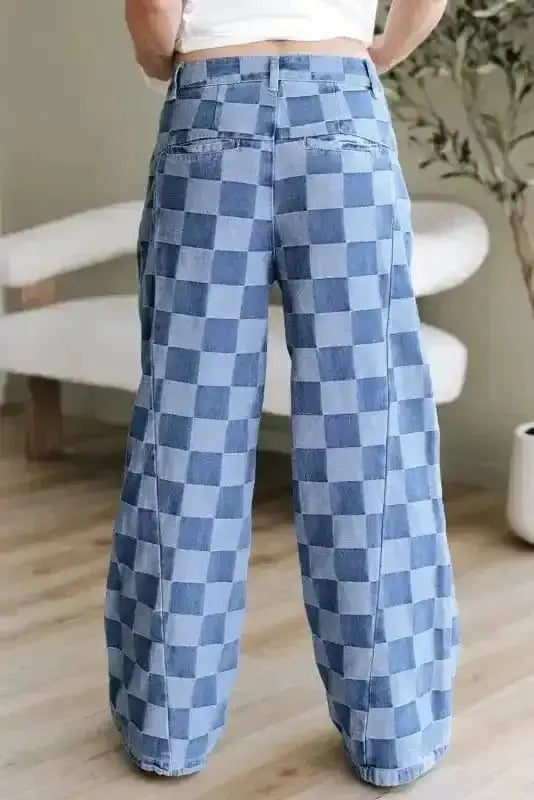 Wide Leg Jeans Checkered Denim Wide-Leg Jeans - Trendy and Comfortable