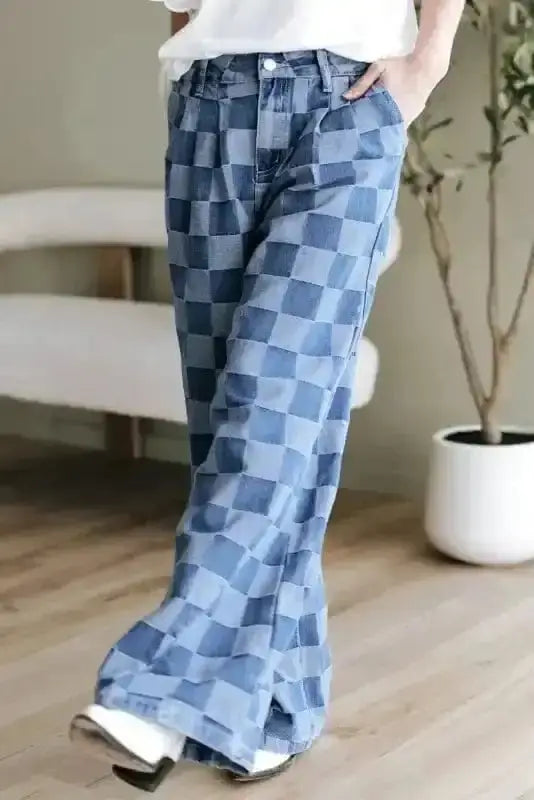 Wide Leg Jeans Checkered Denim Wide-Leg Jeans - Trendy and Comfortable