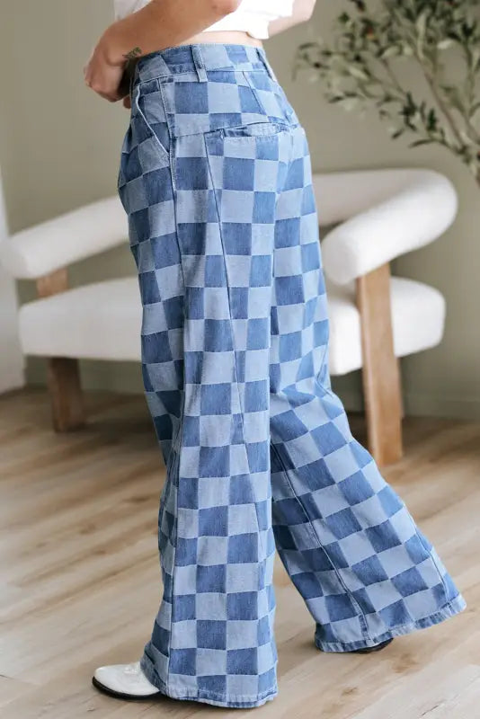 Checkered denim wide leg jeans for women | fashionfitz