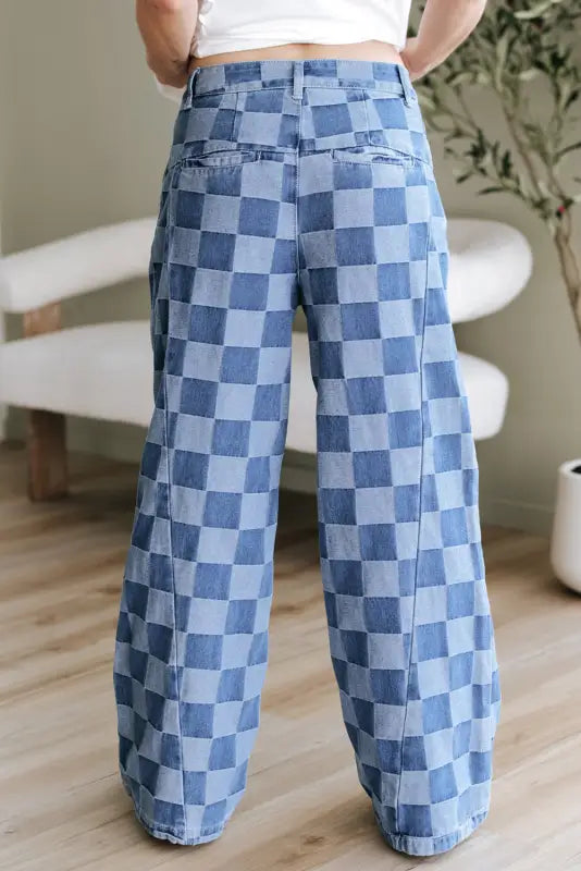 Checkered denim wide leg jeans for women | fashionfitz