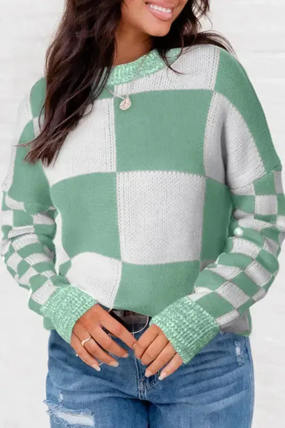 Checkered Drop Shoulder Sweater - Fashionfitz