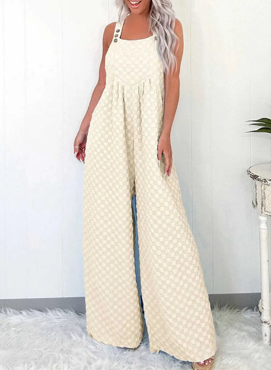 Overalls Beige / S / 95%Polyester+5%Elastane Checkered Wide-Leg Overalls