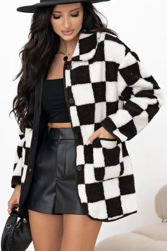 Checkmate fleece jacket | women’s black checkered warm outerwear