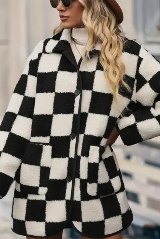 Checkmate fleece jacket | women’s black checkered warm outerwear