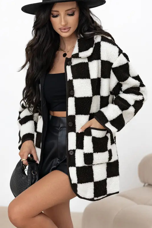 Checkmate fleece jacket | women’s black checkered warm outerwear