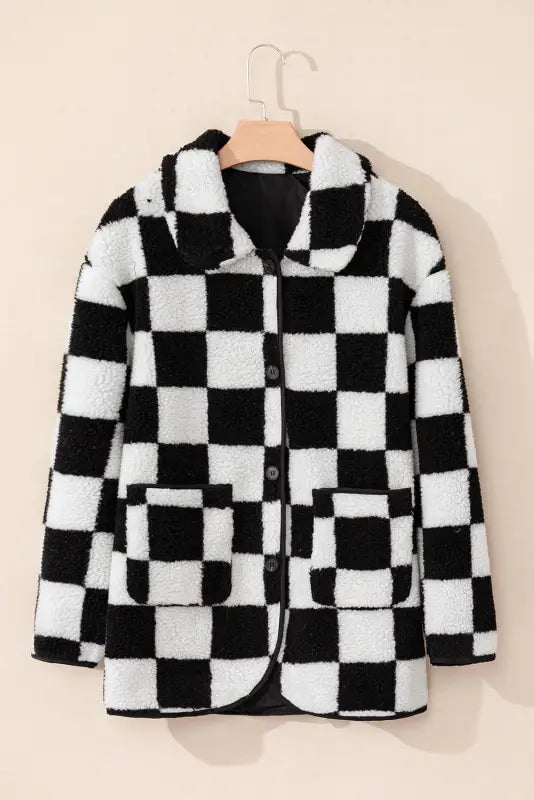 Checkmate fleece jacket | women’s black checkered warm outerwear