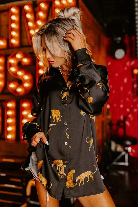 Black cheetah animal print button up satin shirt - tops