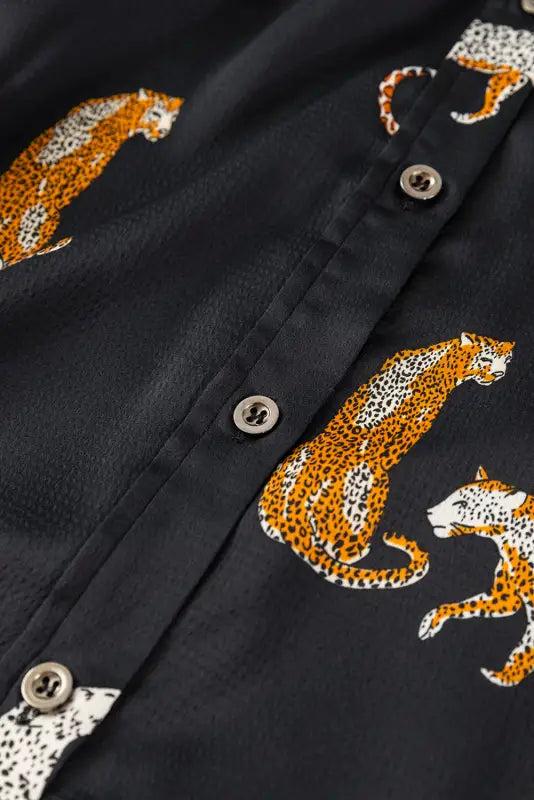 Black cheetah animal print button up satin shirt - tops