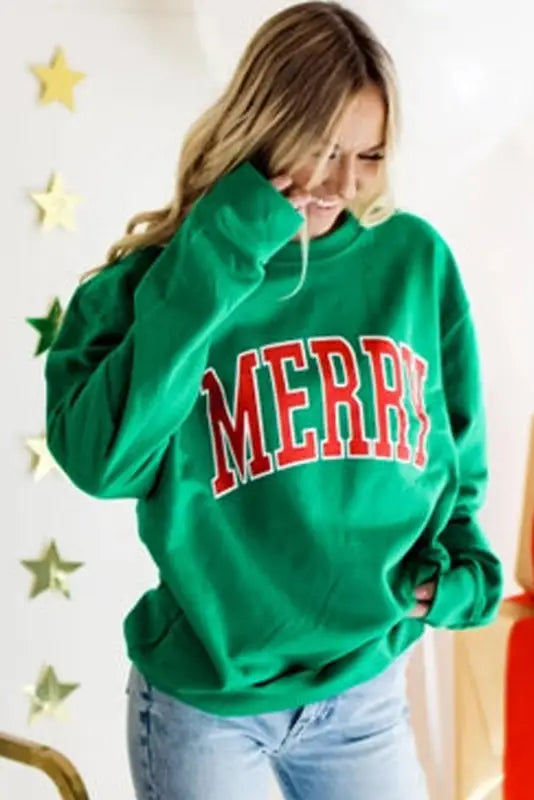 Green lucky alphabet chenille embroidered pullover sweatshirt - sweatshirts & hoodies