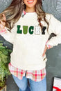Chenille Embroidered Sweatshirt - Graphic Collection FashionFitz featuring 'LUCKY' text in green tones, layered over plaid shirt for fall style.
