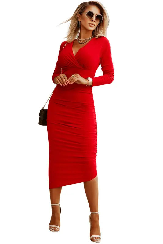 Fiery red long sleeves wrap v neck ruched sheath bodycon dress - dresses