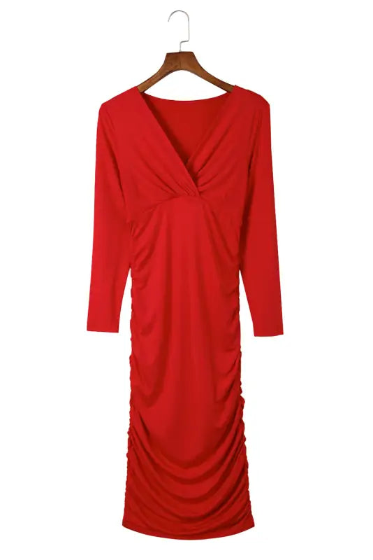 Fiery red long sleeves wrap v neck ruched sheath bodycon dress - dresses