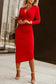 Fiery red long sleeves wrap v neck ruched sheath bodycon dress - dresses