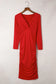 Fiery red long sleeves wrap v neck ruched sheath bodycon dress - dresses