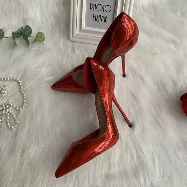 Side view of cherry red pointed-toe stiletto pump and 12cm heel Fashionfitz UK