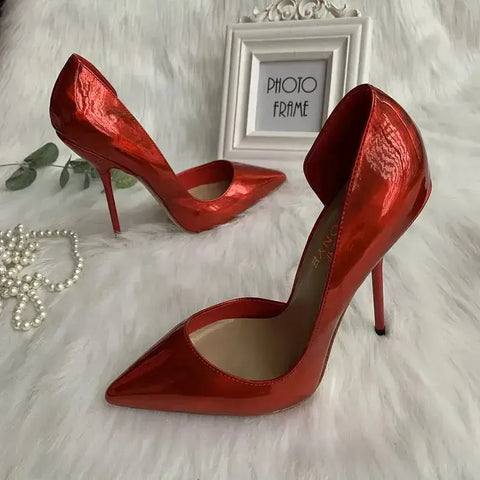 Cherry red 12cm stiletto pumps front view showing bold red colourway Fashionfitz UK