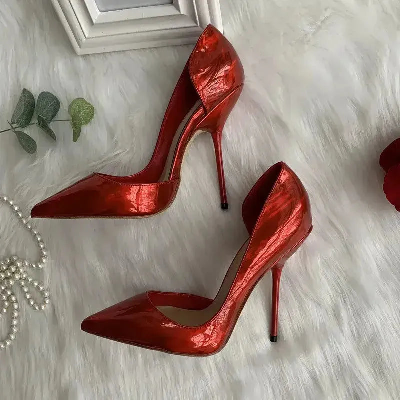 Close-up of pointed toe on cherry red 12cm stiletto pump Fashionfitz UK