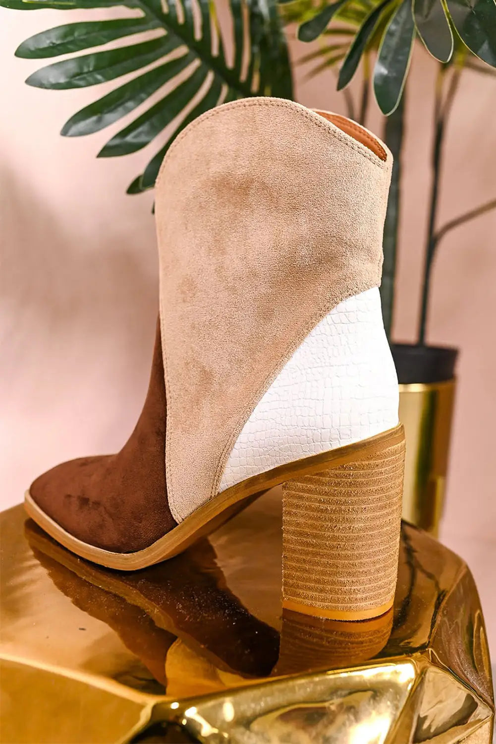 Chestnut colorblock suede heeled ankle booties - boots