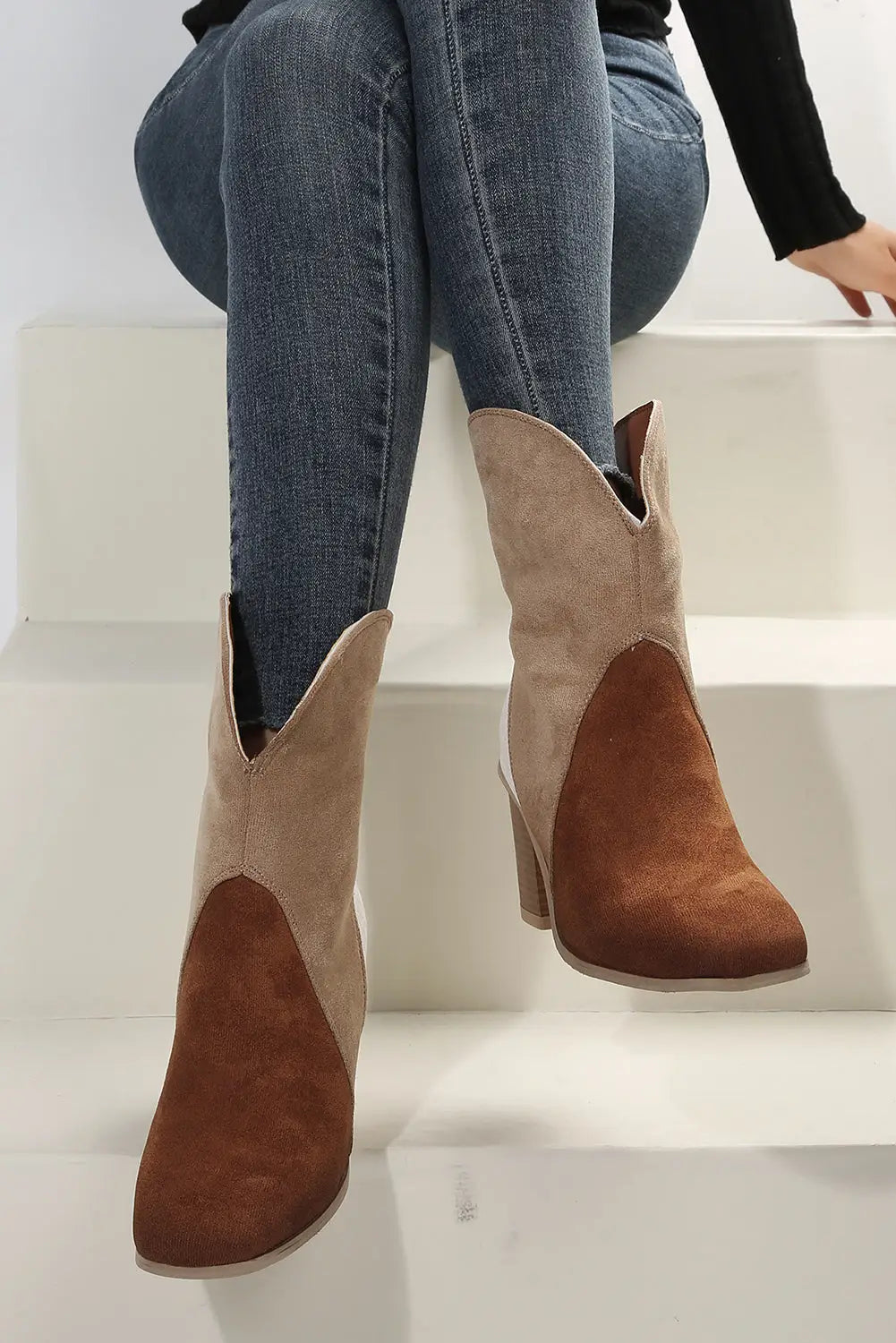 Chestnut colorblock suede heeled ankle booties - boots