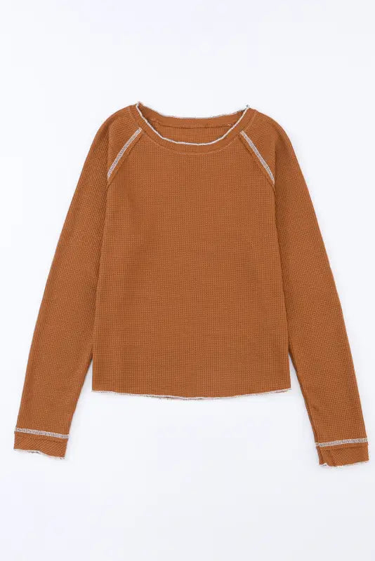 Chestnut contrast seam frilly edge waffle knit t - shirt