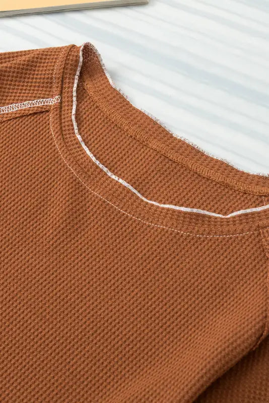 Chestnut contrast seam frilly edge waffle knit t - shirt