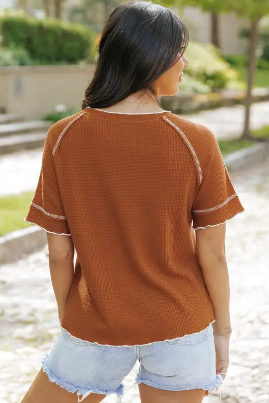 Chestnut contrast seam frilly edge waffle knit t - shirt