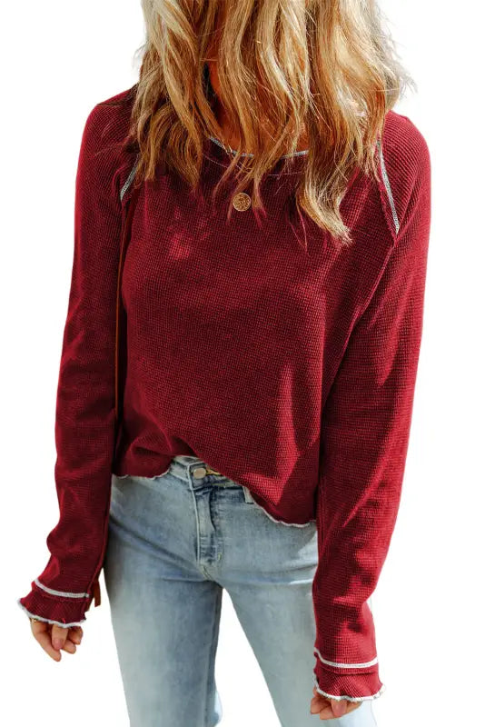 Chestnut contrast seam frilly edge waffle knit t - shirt