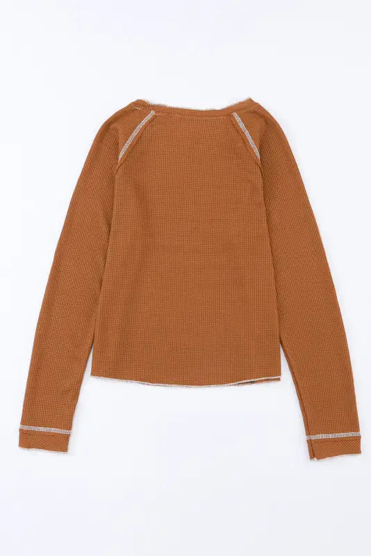 Chestnut contrast seam frilly edge waffle knit t - shirt