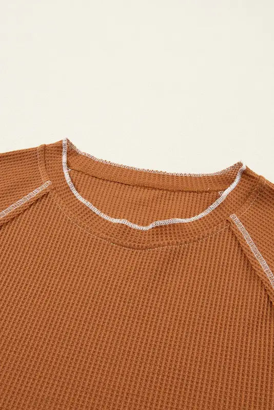 Chestnut contrast seam frilly edge waffle knit t - shirt