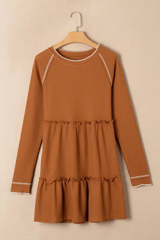 Chestnut contrast seam frilly edge waffle knit t - shirt