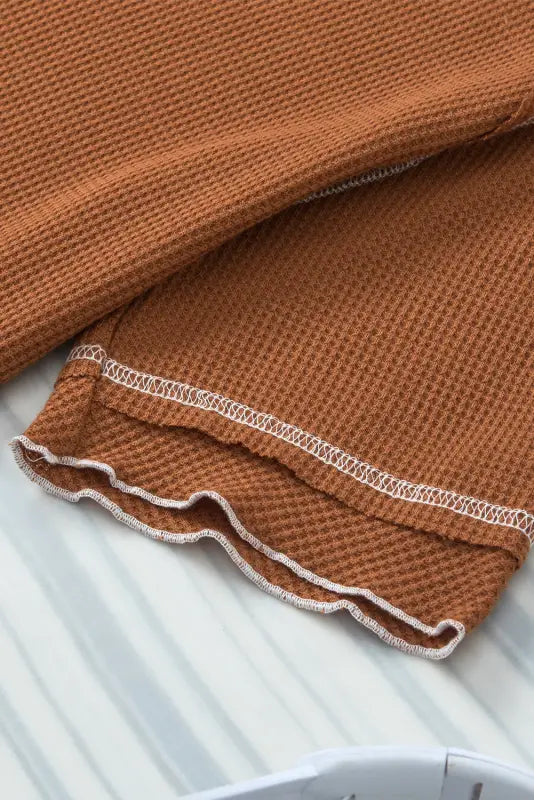 Chestnut contrast seam frilly edge waffle knit t - shirt