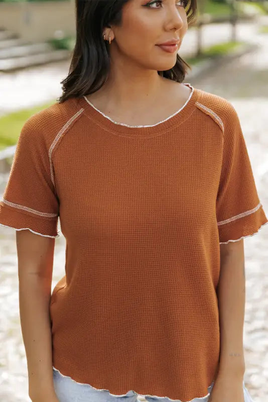 Chestnut contrast seam frilly edge waffle knit t - shirt