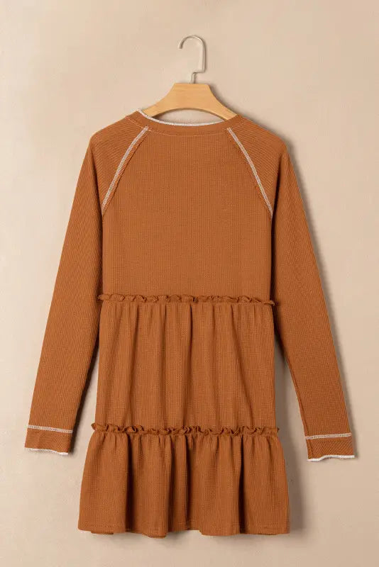 Chestnut contrast seam frilly edge waffle knit t - shirt