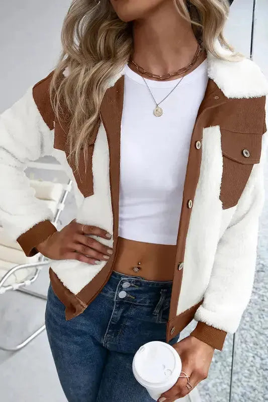 Chestnut Corduroy Color Block Contrast Patchwork Fuzzy Jacket - Fashionfitz