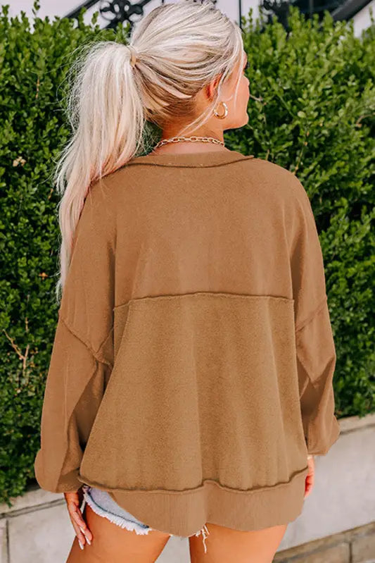 Chestnut drop shoulder henley buttons sweatshirt | fashionfitz