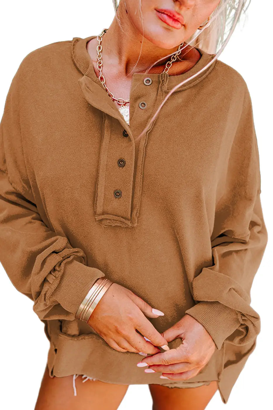 Chestnut drop shoulder henley buttons sweatshirt - sweatshirts & hoodies